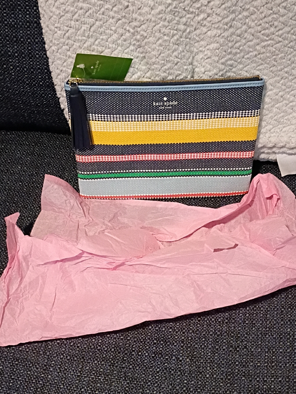KATE SPADE LARGE TASSELLED POUCH...ASH STREET BOARDWALK STRIPE